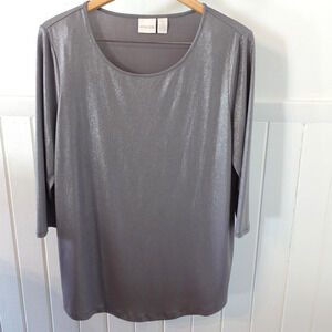 Chicos Shirt Womens 2 Gray Metallic Shimmer 3/4 Sleeve‎ Top Stretch Party Dressy